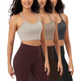ODODOS 3-Pack Seamless Racerback Sports Bra for Women Ribbed Camisoles Non Padding Yoga Bra Crop Tank Tops, Mushroom+Taupe+Charcoal, Medium
