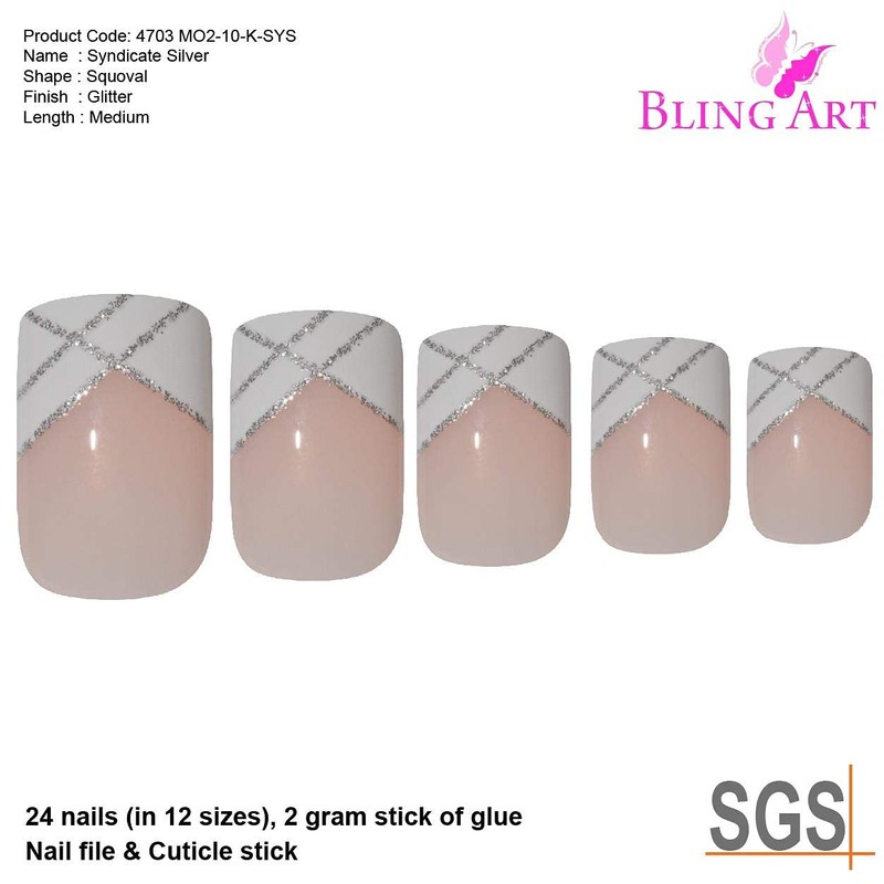 Bling Art False Nails French Manicure Gel Glitter Flower Glossy