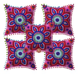 IGH Throw Pillow Covers 16x16 Cotton Suzani Cushion Covers Settee Square Pillowcase Embroidered Traditional Pink Cushion Protectors Home Decor Zipper Cushion Covers [Set of 2, Cover Only]