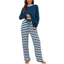 Atxnn Womens Pyjamas Set Cotton Nightwear Round Neck Soft Pjs Striped Pants with Pockets Drawstring Loungewear Comfy for Autumn Winter Spring, NAVYBLUE S