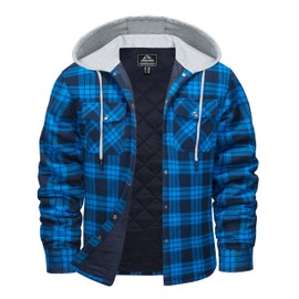 Cotrasen Men's Flannel Jackets Shirt Plaid Cotton Hoodies Soft Warm Quilted Lined Coat for Men Coats with 5 Pockets Color Blue L