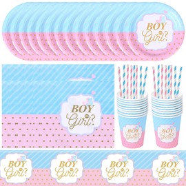 SWZY Gender Reveal Party Tableware Set, Baby Gender Reveal Party Supplies, Plate, Napkin, Cup, Straws, Tablecloth, Baby Gender Reveal Party Supplies Decoration for 16 Guests