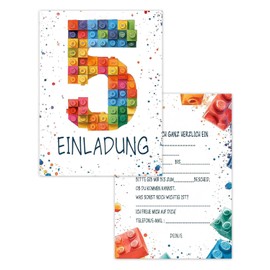 JUKOTA 15 x Building Blocks Invitation Cards – DIN A6 – Original – with Stickers, Blocks Invitation Cards Children's Birthday Girl Boy, Birthday Invitations, Party Decoration, Invitation First Day of