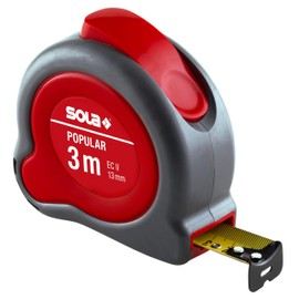 SOLA POPULAR Tape Measure 3 m / 13 mm - Professional Tape Measure with Belt Clip - Steel Tape, Yellow Painted with mm Scale - Accuracy Class II - Roll Meter with Movable End Hook - Metre Length - 3 m