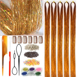 Hair Tinsel Kit with Tools,Ice Crystal,Charcoal Grey,Copper,5 PCs 48 Inch,Glitter Tinsel Hair Extensions Heat Resistant Highlights Sparkling for Kids Girls (Copper, 48 Inch Pack of 5Pcs)