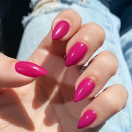 SXVME Hot Pink Press on Nails Short Almond Shaped, 30 Pcs Thick Short False Nails Press ons Natural Acrylic Fake Nails Custom Solid Color Medium Press-ons Natural Fit For Women Daily Wear