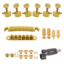 Swhmc Tune-O-Matic Bridge and Tailpiece Studs Set for LP Electric Guitar Replacement Parts, with 3L3R Guitar Locking Tuners and 2pcs Strap Buckles (Golden)