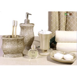 Creative Scents Beige Bathroom Accessories Set - Decorative Bathroom Accessory Set - 4 Piece Bathroom Set Features: Soap Dispenser, Toothbrush Holder, Tumbler, and Soap Dish (Victoria Collection)