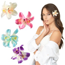 On-Airstore 4Pcs Hawaiian Flower Hair Clips for Women Orchid hair Clip Flower Clips for hair 3.5 Inch Summer Hair clips Artificial Floral Clip for Vacation Beach Party Accessories