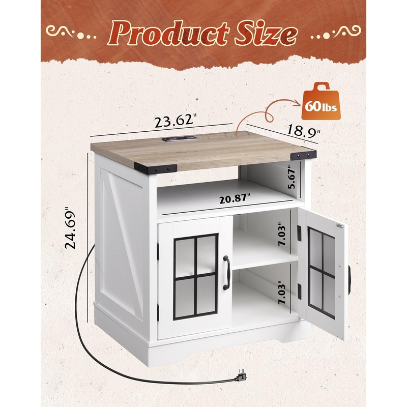 WLIVE Farmhouse End Table, 24" Side Table with Charging Station,