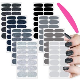 SILPECWEE 8 Sheets Nail Stickers Full Nail Wraps (Black Solid & Glitter), Self Adhesive Nail Polish Strips, Gel Strips Design Fingernail Sticker Nails for Women with File