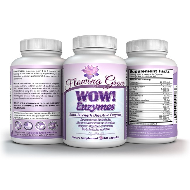 WOW! Enzymes Extra-Strength Digestive Enzymes with Amylase, Lactase, Lipase, Bromelain, Protease—Reduce Gas, Bloating, Improve Digestion of Proteins, Fats, Carbs, Gluten—GF, Non-GMO, Vegetarian