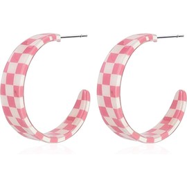 QLUYCKW Checkered Big Grid C Shape Hoop Earrings Colorful Chunky Shape Trendy Earrings Cute Candy Acrylic Resin Earrings Jewelry for Women (Pink)