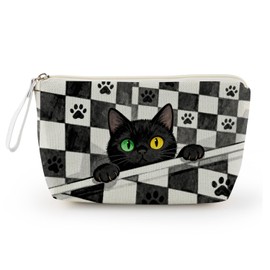 Livel lhood 異瞳黒猫プリント 化粧ポーチ コンパクト収納 リストストラップ付 猫好きへのギフト 小物整理袋 チェッカー柄猫イラスト メイクポーチ 多機能収納 軽量 猫愛好家向け 日常外出用 アイリス猫柄 化粧品収納バッグ