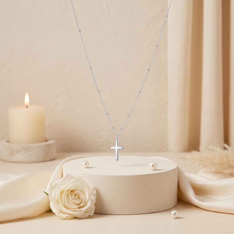 Cross Necklace for Women,925 Sterling Silver 1.5MM Bead Chain Cross