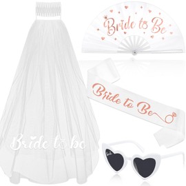 JaGely 4 Pcs Bachelorette Party Accessories for Bride Set Includes Bride to Be Sash Bride Heart Shaped Sunglasses Bride Fan White Bridal Veil for Bridal Shower Wedding Engagement Party Decorations