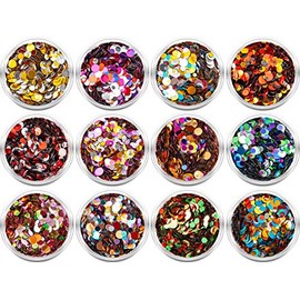 12 Jars of Nail Art Sequins Round Metallic in Set - Assorted Colours for Nail Art