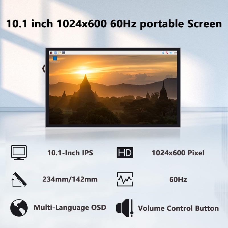 GeeekPi 10.1 Inch LCD Screen for Raspberry Pi, 1024x600 IPS