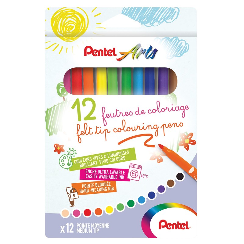 Pentel scs2e-12 Ultra Washable Ink Felt-tip Colouring Pens Assorted Colours