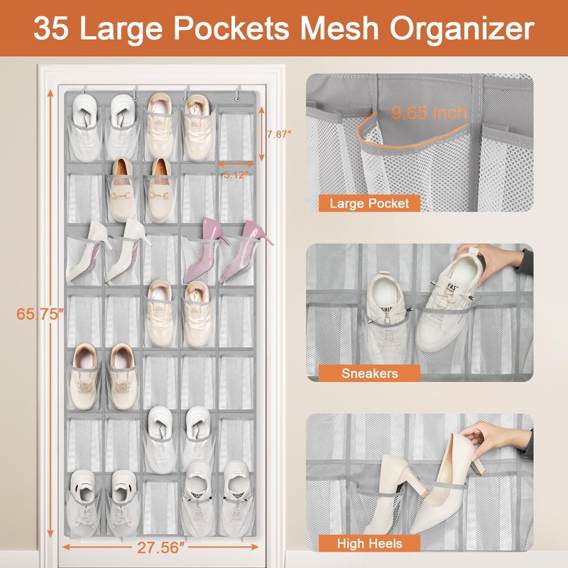 FENTEC 35 Large Pockets Over The Door Shoe Organizer, Mesh
