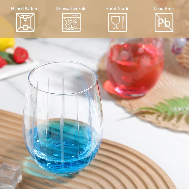 Joeyan Hand Blown Etched Stemless Wine Glasses for Red Wine,Large