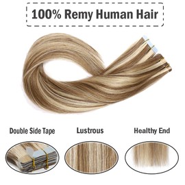 22" Remy Tape in Hair Extensions Human Hair 30g Thin Highlight #12/613 Golden Brown Mix Bleach Blonde Long Straight Hair Seamless Skin Weft Invisible Double Sided Tape 20pc/pack +10 Free Tape Bonds