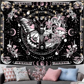 Fungarth Skeleton Butterfly Tapestry Pink Skull Hippie Mushroom Plants Tapestry for Bedroom Moon phase Aesthetic Tapestries Wall Hanging for Living Room Dorm (Pink, 60” x 44”)