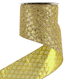 HUIHUANG Gold Christmas Tree Ribbon 4 inch Gold Glitter Wired Ribbon Diamond Mesh Wire Ribbon for Tree Decorations, Wreaths, Garland, Large Bows Making, Home Decor -10 Yards