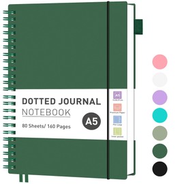 RETTACY Dotted Notebook, A5, Bullet Dot Journal, Lightweight, Pad, for Students, 160 Sheets, 80 Pages, for Writing, 100 gsm, PVC, Spiral Binding, for Women, Men, Work, Office, 14.8 x 21 cm, Dark Green
