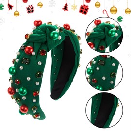 Women's Christmas Headband Pearl Knotted Headband Christmas Red and Green Pearl Rhinestone Crystal Gem Hairband Top Knot Holiday Headband Christmas Hair Accessories Holiday Costume Gift (Green)
