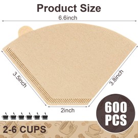 600 Count Coffee Filter #2, 2 Cone Coffee Filters, Unbleached Natural Coffee Filters Paper Compatible with Drip and Pour Over Coffee Maker(2-6 Cup)