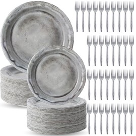 Jingmore 180 Pcs Medieval Party Supplies Disposable Pewter Paper Plates and Forks Tableware Set for Pirate Knight Castle Easter Decorations Dinner Round Silver Grey 9" and 7'' Serves 60(Design Style)