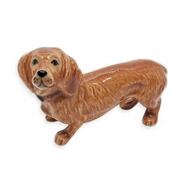 WitnyStore Tiny 3" Brown Stand Look Left Dachshund Wiener German Dog Figurine - Miniature Hand Made Painted Ceramic Dogs Puppy Canine Animals Cute Porcelain Decorative Collectible Figures Décor Gifts