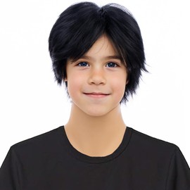 PATTNIUM Short Black Wig for Kids Boys Straight Black Wig Heat Resistant Synthetic Wig with Wig Cap