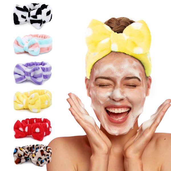 LADES Spa Headband – 6 Pack Makeup headbands Women Bow Hair Band Soft Coral Fleece Skincare Headband Face Wash Headband for Women Girls Washing Face