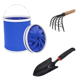 3-piece Set, Clam Hunting, Scoop, Net, Shell Digging, Shellfish Pickup, 5.1 inches (13 cm) Wide, 5 Prong Rake, Folding Bucket