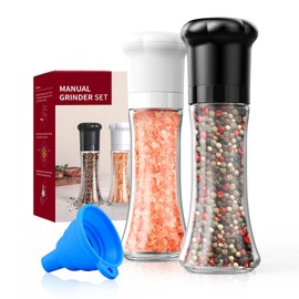 CIRCLE JOY Premium Manual Salt and Pepper Grinder Set, Refillable Salt and Pepper Shakers with Ceramic Blades, Adjustable Coarseness and BPA-free 180ml Glass Container, Tall Black White