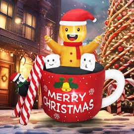 QEOIYDE 6FT Christmas Inflatables Outdoor Decorations, Navidad Blow Up Gingerbread Swiming in Hot Cocoa Mug Scene with Penguin Built in LED for Garden Lawn Xmas Decor Party