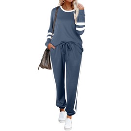 Aloodor Workout Sets for Women Two Piece Long Sleeve Lounge wear Sets Light Blue L