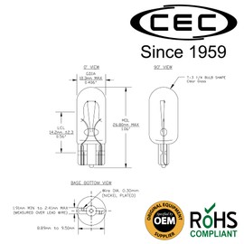 CEC Industries 194 Light Bulb 14V, 3.78W, T3.25 Shape, C-2F Filament, Glass Wedge (10-Pack)