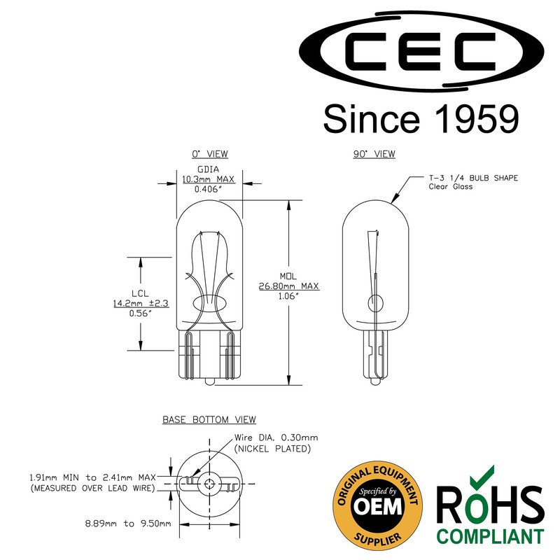 CEC Industries 194 Light Bulb 14V, 3.78W, T3.25 Shape, C-2F