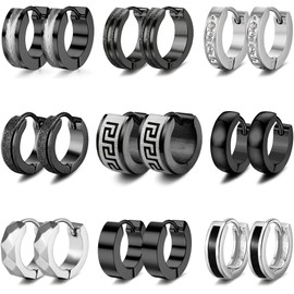 RIOSO 9Pairs Hoop Earrings for Men Stainless Steel Black Men's Hoop Earring