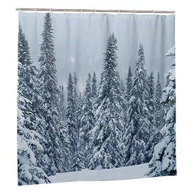 JOOCAR White Forest Shower Curtain Winter Snow Pine Forest Shower Curtains Watercolor Winter Bathroom Decor Polyester Fabric Waterproof Shower Curtain Set with 12 Hooks, 180x180cm