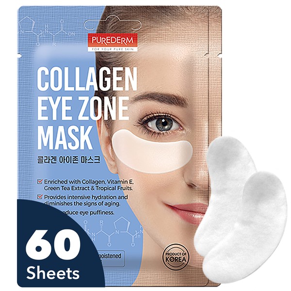Purederm Collagen Under Eye Mask (60 Sheets) - Under Eye Patches Dark Circles and Puffiness - Rich Collagen Eye Zone Gel Mask Reduce Under eye Bags, Creases, Fine Lines - Eye Zone Patches for Moisturizing, Hydrating, Uplifting, Illuminating
