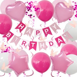 UOMYLEIR Pink Birthday Decorations, Happy Birthday Banner for Kids, Glitter Hanging with Butterfly, Birthday Bunting Banner with Balloons