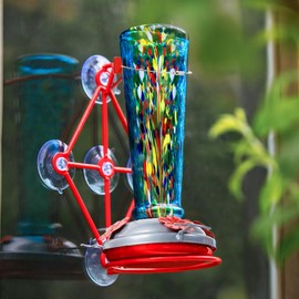 Window Hummingbird Feeder with 5 Strong Suction Cup 16 Ounces Colorful Hand-Blown Glass Hummingbird Feeder for Outdoor Patio Hanging Windows Mount (Blue)