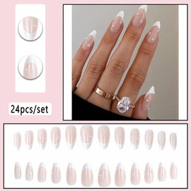 Wedity 24 Pieces Pointed Nail Stickers French Rainbow Line Small Flower Fake Nail Stickers Press Fake Nails Artificial Nails for Women Girls (C)