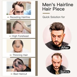 Elailite Men's Hairline V-Shaped Forehead Toupee Real Human Hair Seamless PU Base Hairpiece Fringe Bang Replacement System (4 * 18cm) (#1B Natural Black, 6 Inch)