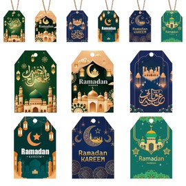 Eid Mubarak Gift Tags 48PCS,Ramadan Kareem Tags with String,Ramadan Mubarak Moon Castle Paper Labels for Eid Islamic Muslim Party Favors Presents Wrapping
