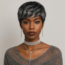 MUJGOO Pixie Grey Wigs for Black Women Short Layers Hair Short Gray Wig for Black Women Synthetic Ombre Gray Straight Synthetic Hair Wig Pixie Wigs (Ombre Grey)